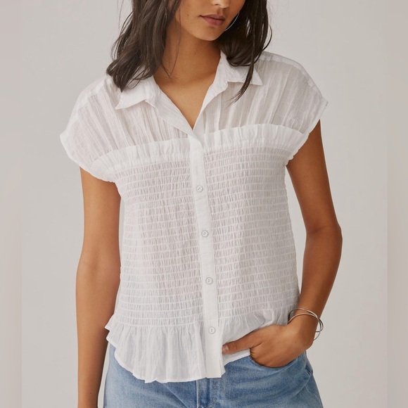 Anthropologie Pilcro Smocked Corset Blouse in White - Picture 1 of 6